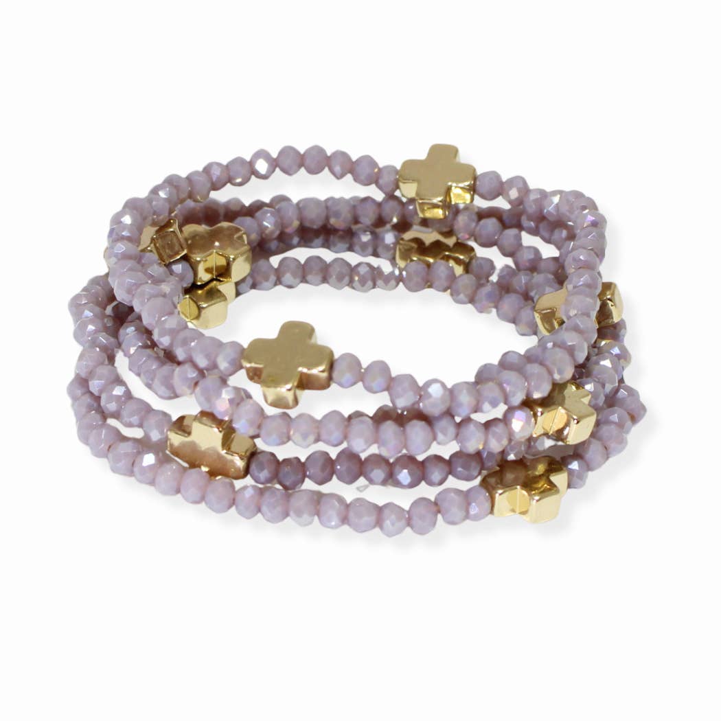 Cross accent multi layered beaded stretch bracelet