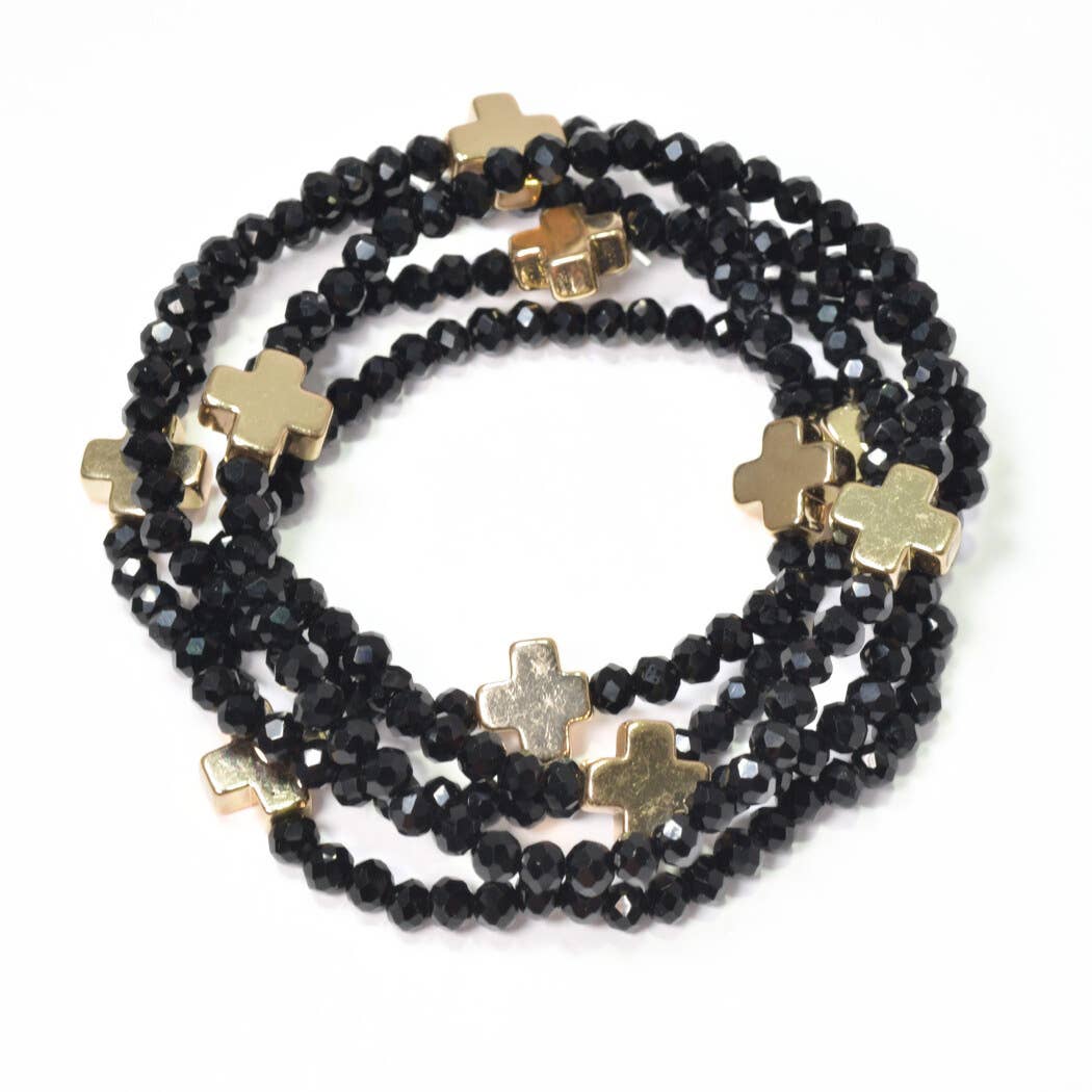 Cross accent multi layered beaded stretch bracelet