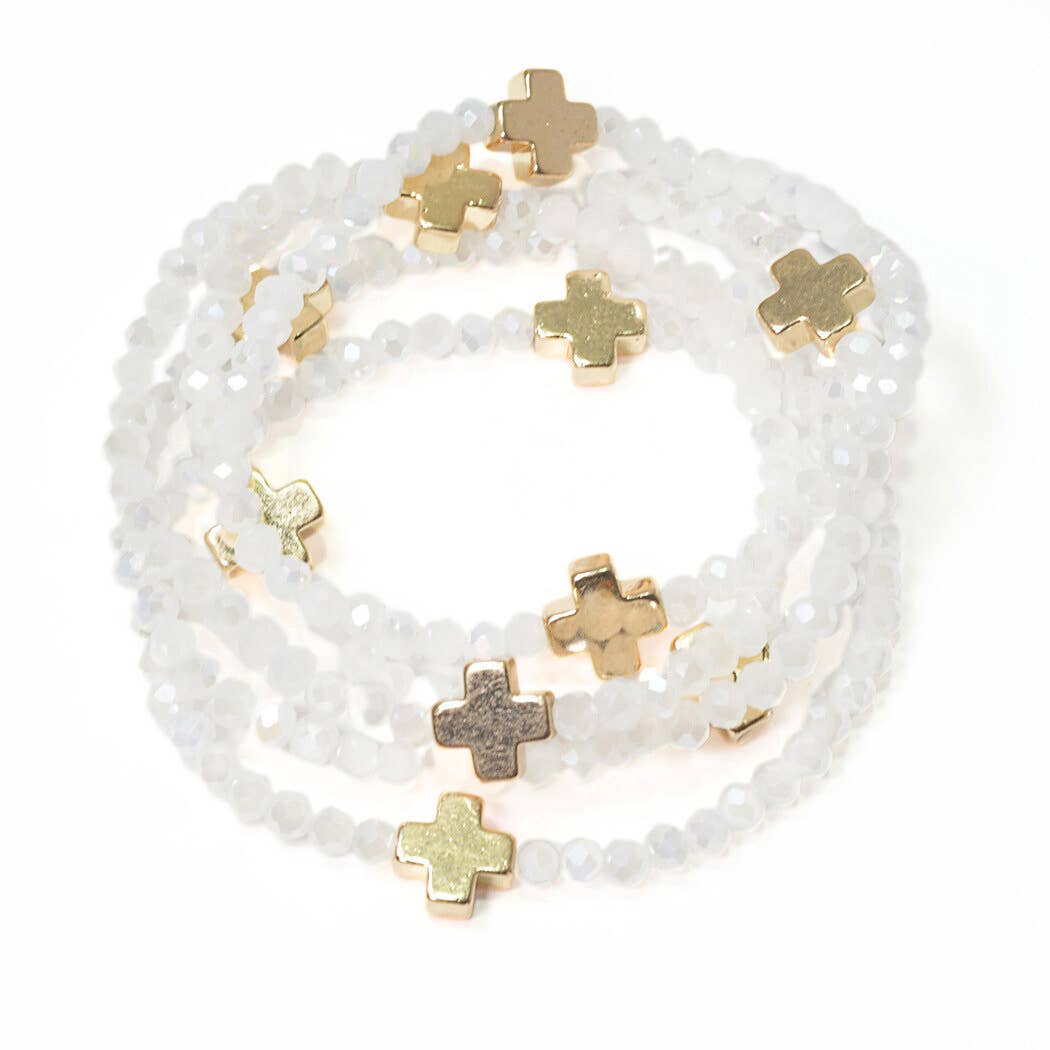 Cross accent multi layered beaded stretch bracelet