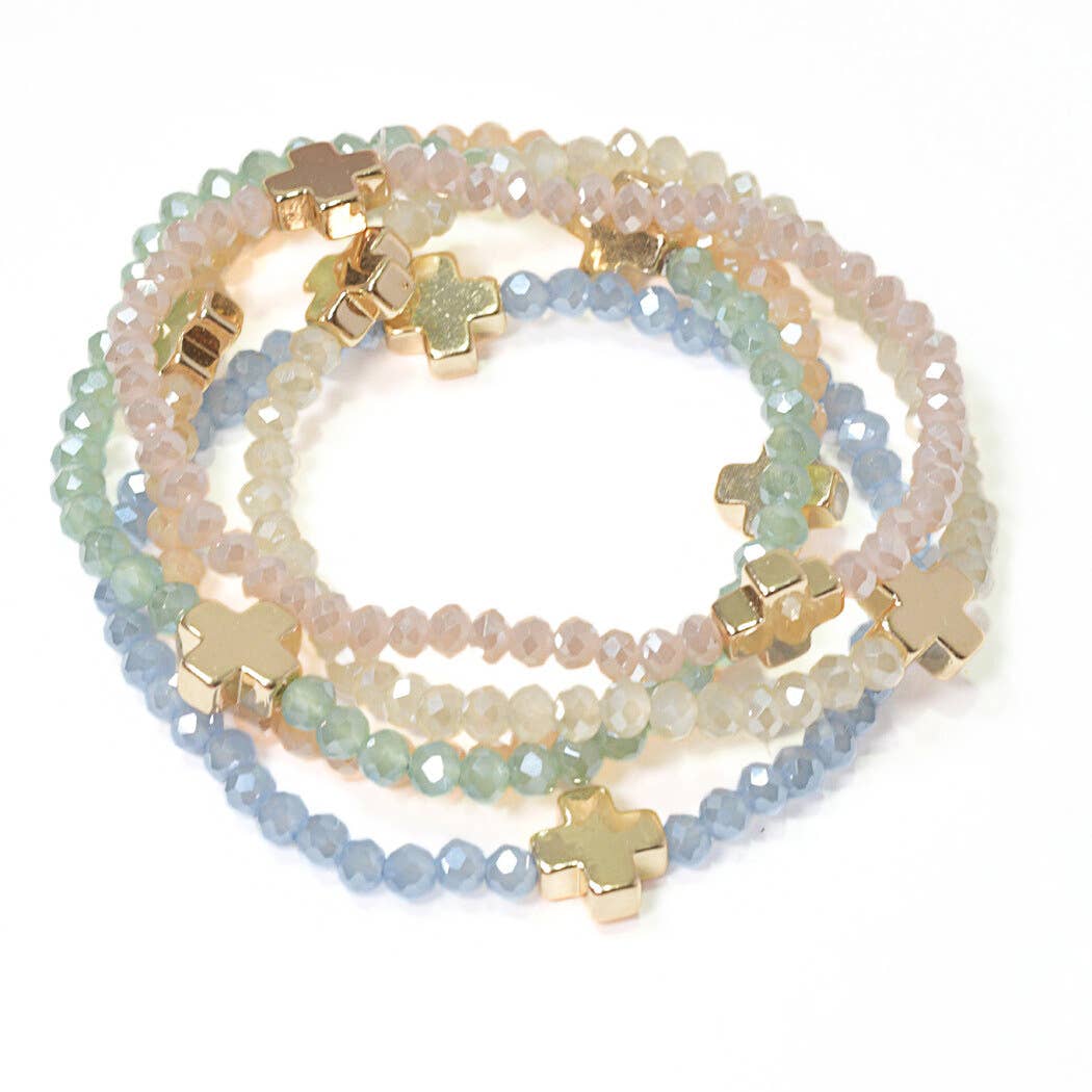 Cross accent multi layered beaded stretch bracelet