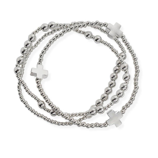 Cross accent multi layered ball beaded stretch bracelet
