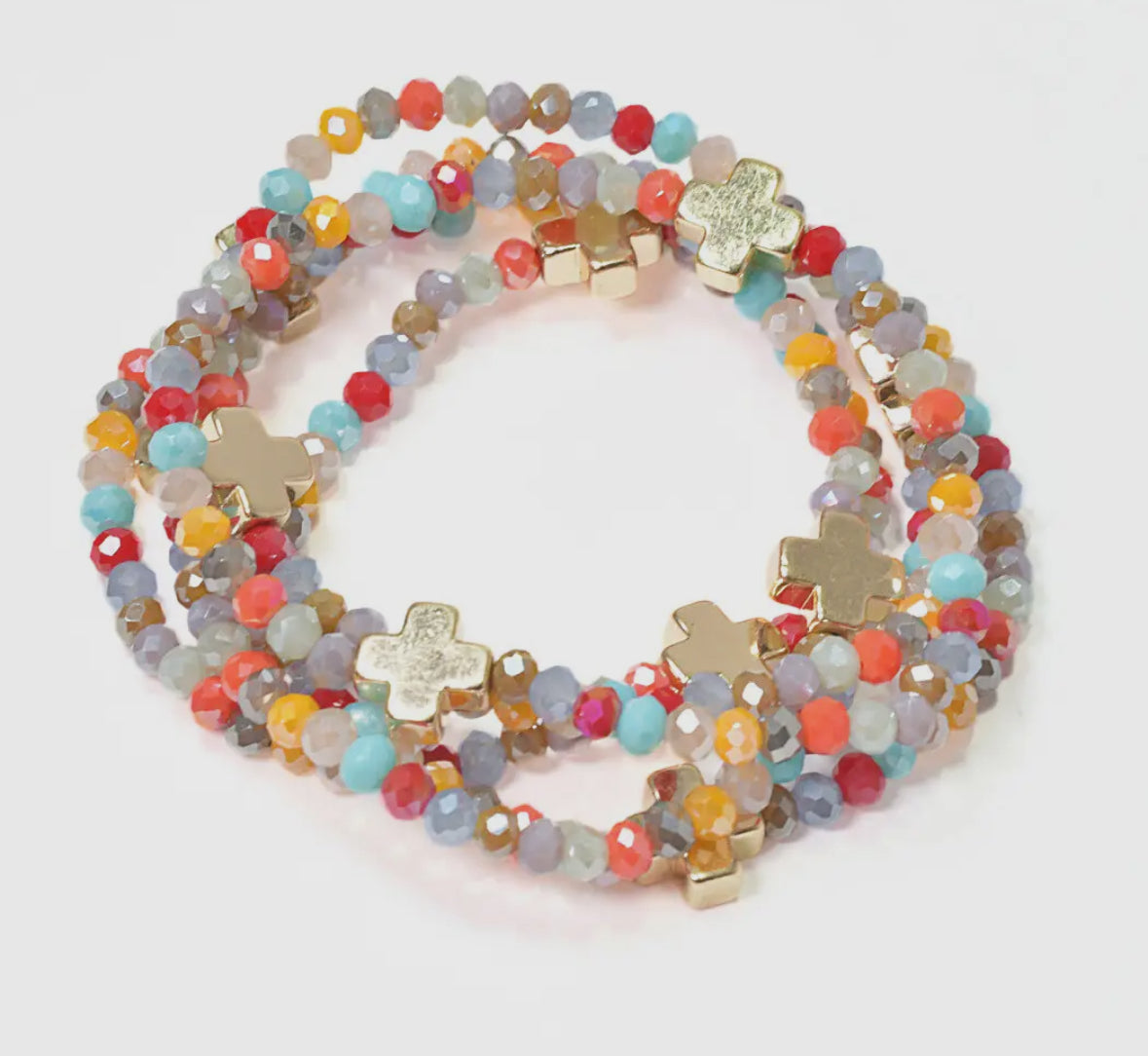Cross Accent Multi-Layered Beaded Stretch Bracelet