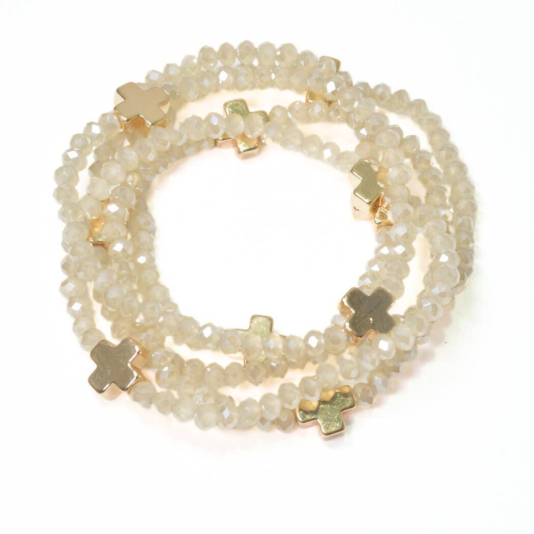 Cross accent multi layered beaded stretch bracelet