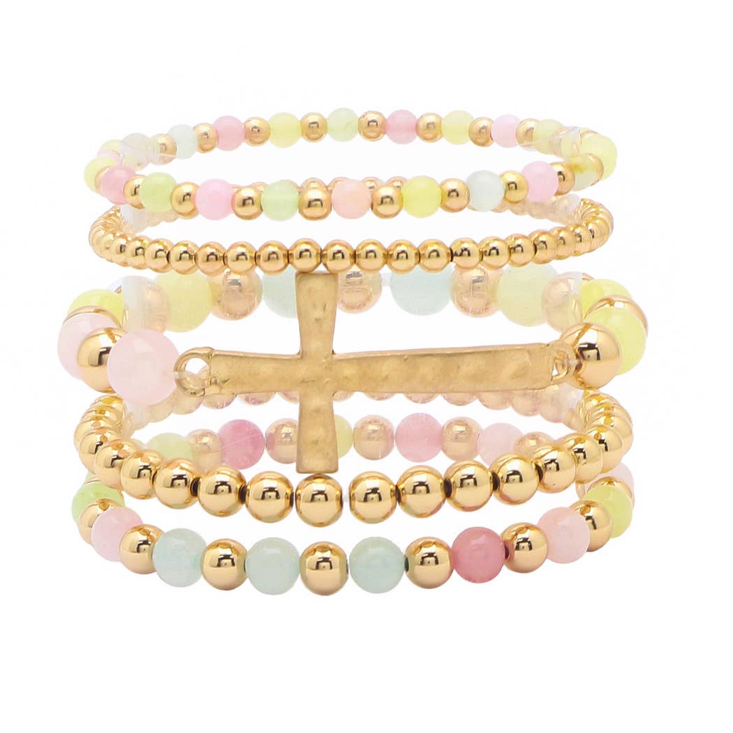 Cross with resin beaded multi layered stretch bracelet