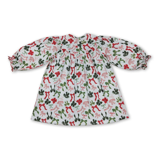 Green red bow Merry Christmas smocked girls dresses