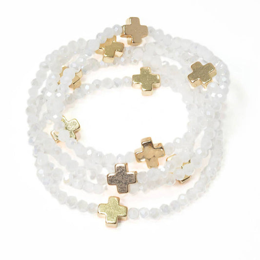 Cross accent multi layered beaded stretch bracelet