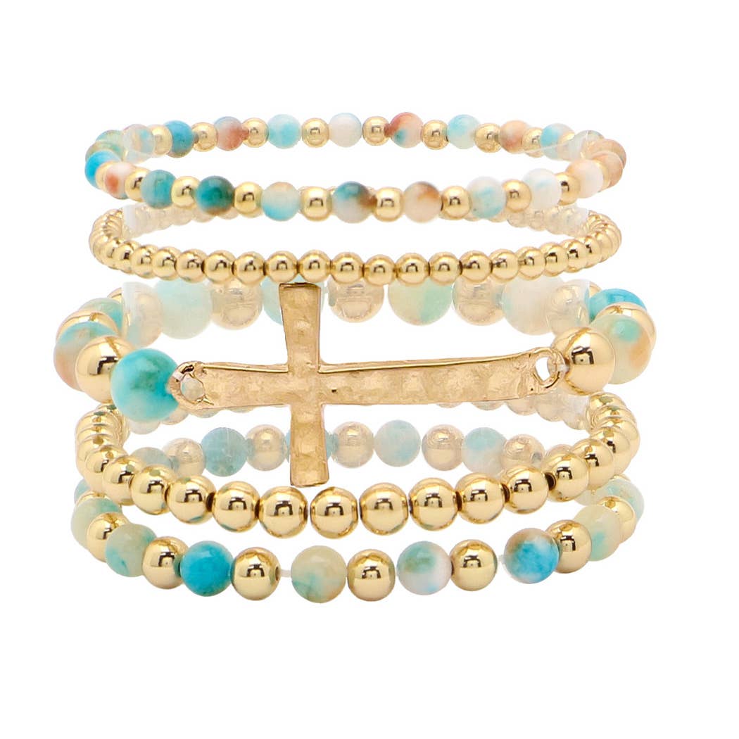 Cross with resin beaded multi layered stretch bracelet