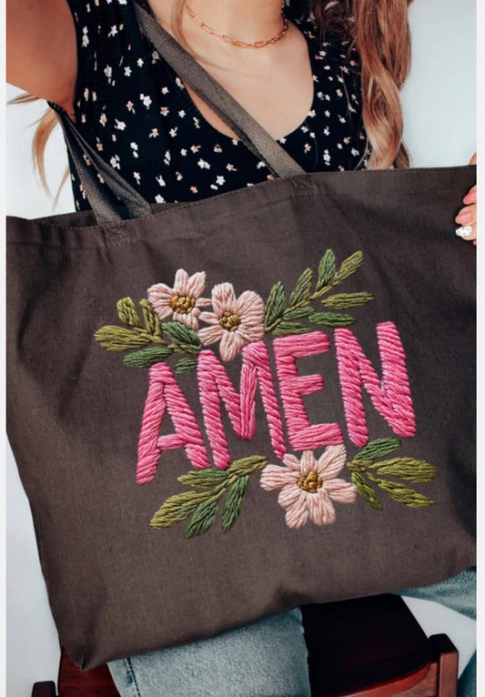Brown Flower Amen Tote Bag