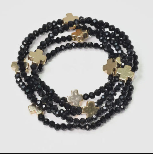 Cross Accent Multi-Layered Beaded Stretch Bracelet