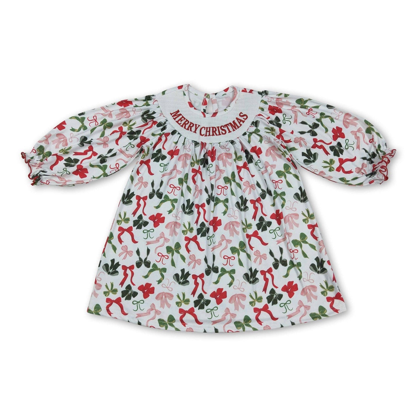 Green red bow Merry Christmas smocked girls dresses