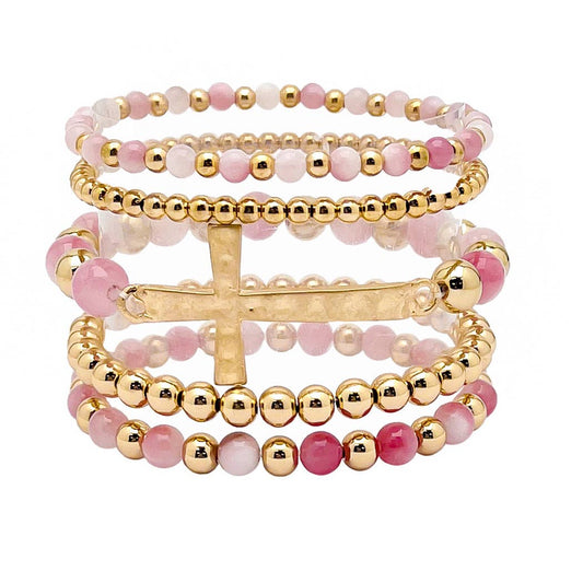 Cross with resin beaded multi layered stretch bracelet
