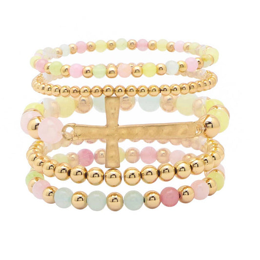 Cross with resin beaded multi layered stretch bracelet