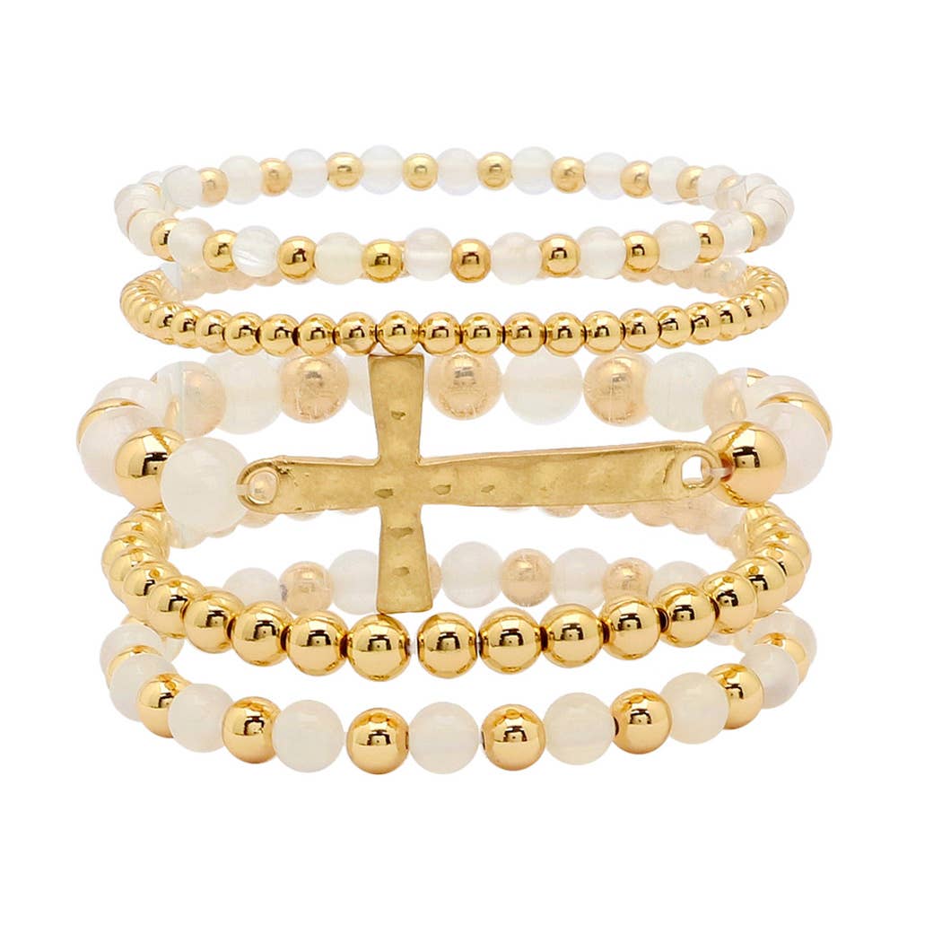 Cross with resin beaded multi layered stretch bracelet